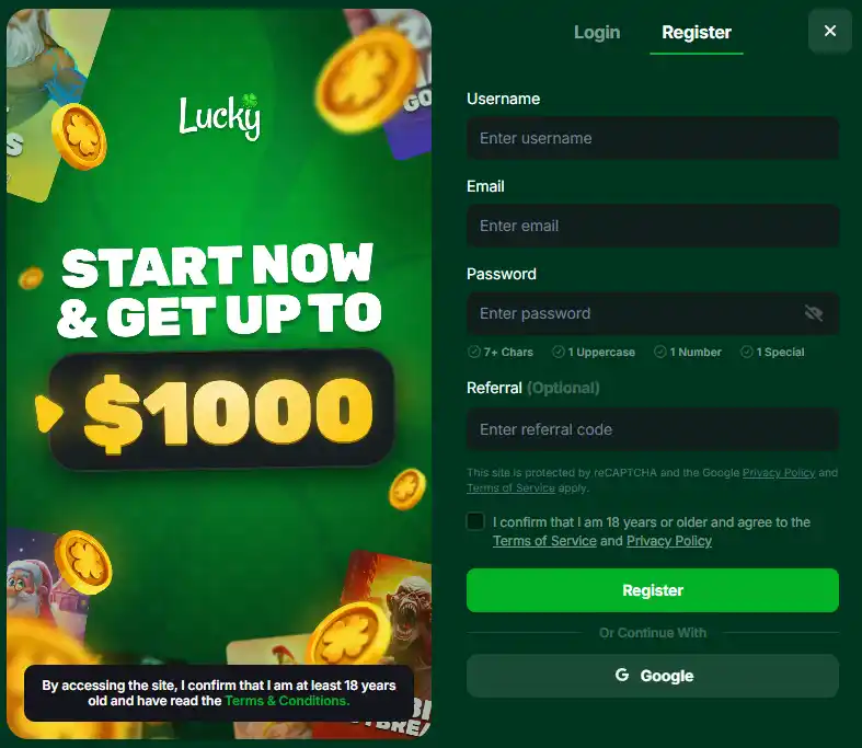 Lucky.fun public sign-in or registration interface showing email and password account access