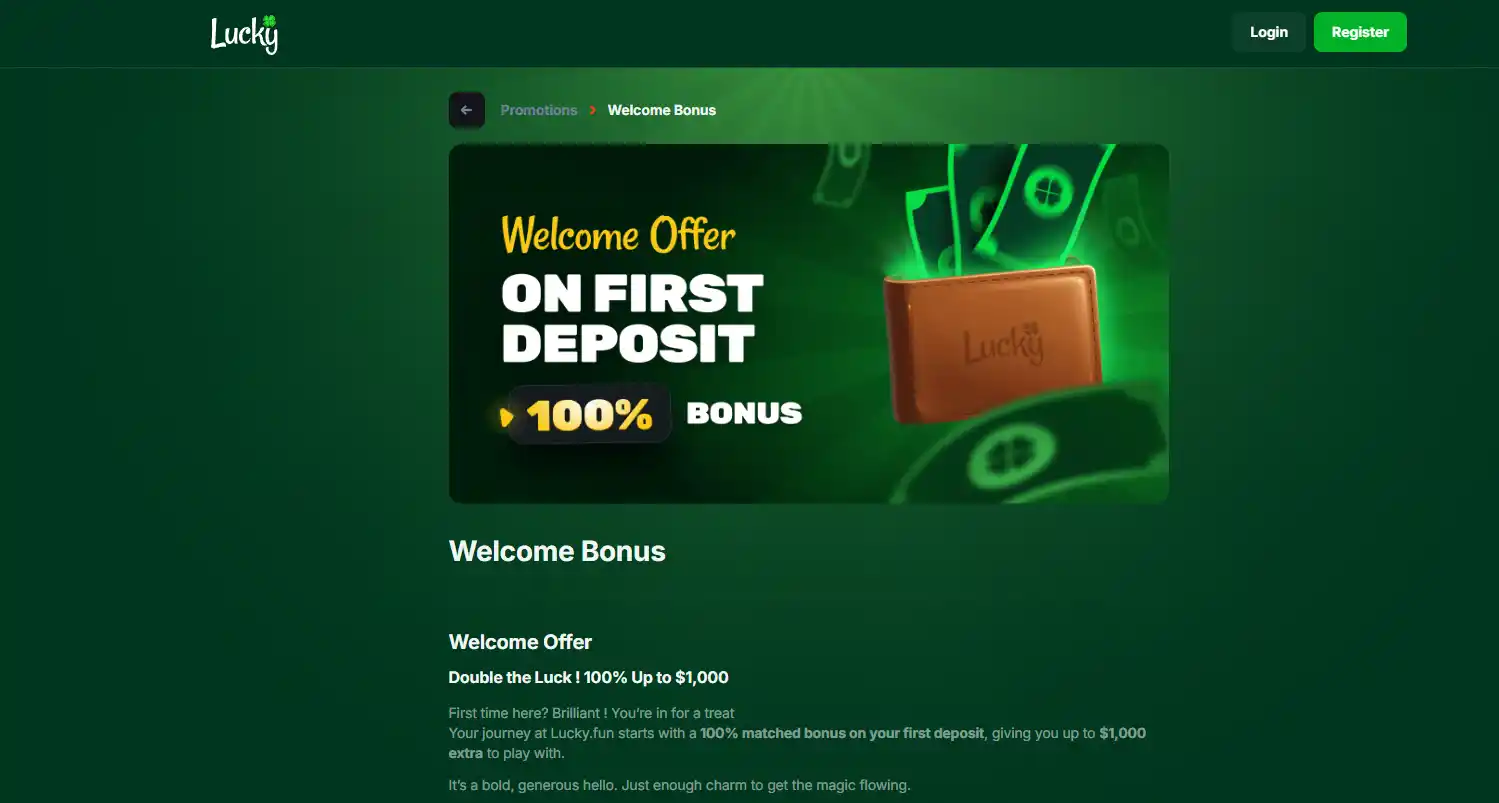 Lucky.fun public promotions area showing welcome-bonus terms