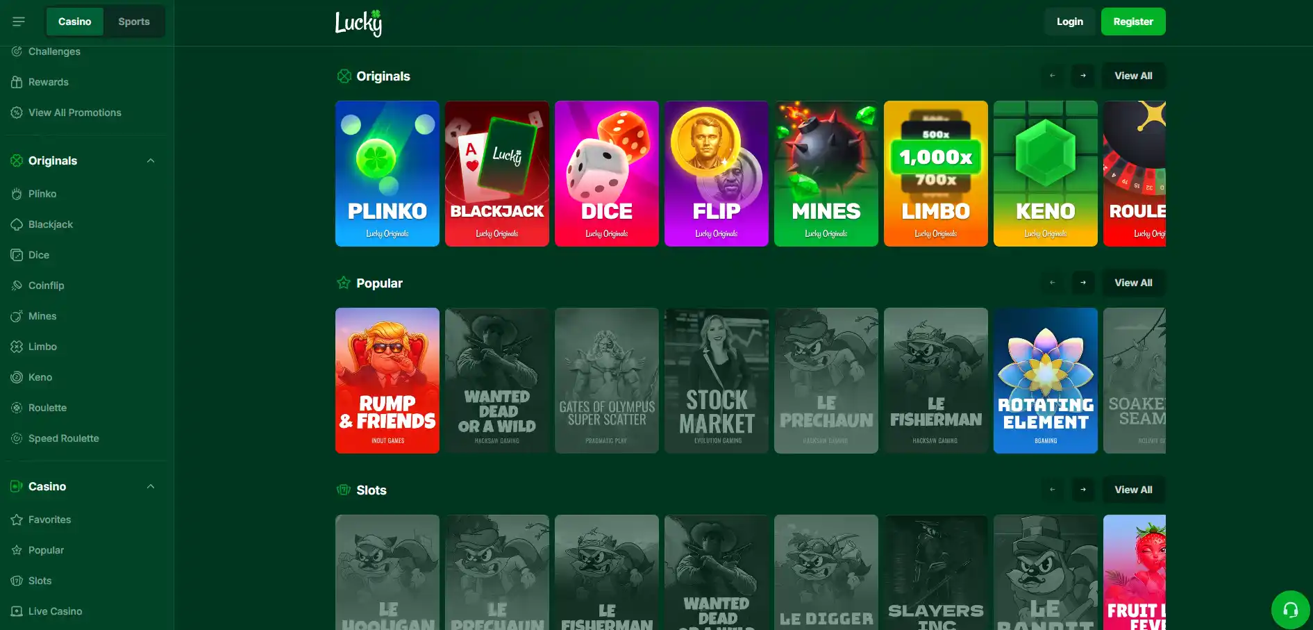 Lucky.fun public homepage showing the brand header, casino navigation and game lobby