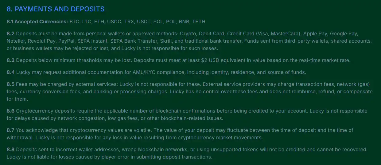 Lucky.fun public payment or cashier interface showing available payment-method options