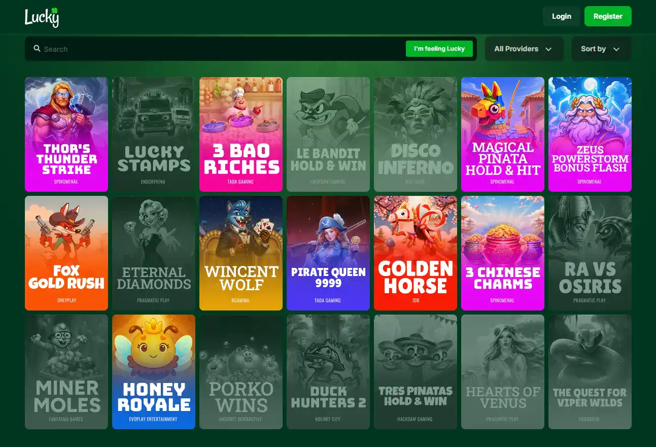 Lucky.fun game lobby with slot tiles and casino navigation