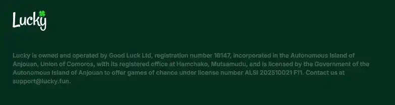 Lucky.fun public legal or footer area showing operator and licence information
