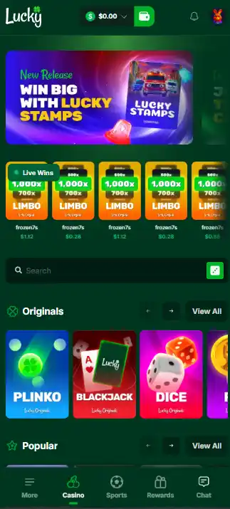 Lucky.fun interface displayed in a narrow mobile browser viewport