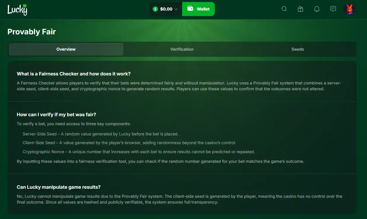 Lucky.fun public Provably Fair or Lucky Originals interface showing verification-related content