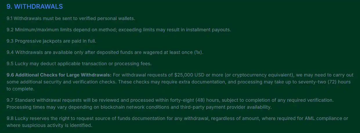 Lucky.fun public withdrawal or cashier interface showing withdrawal-related controls or information